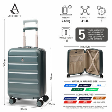 Aerolite 55x35x25cm Hard Shell Carry On Hand Cabin Luggage Suitcase with 4 Spinner Wheels & TSA Lock – Max Size Cabin Bag for Air Europa, Air France, ITA Airways, KLM & Transavia - Forest Green